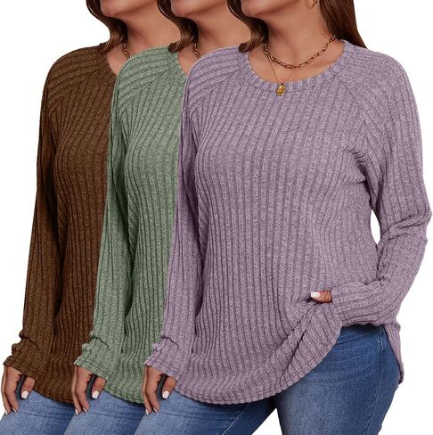 Ficerd 3 Pack بالإضافة إلى قمم سترة الحجم للنساء ، سبيكة طويلة الأكمام المنحنية المنحنية تنقسم القمصان in Kuwait