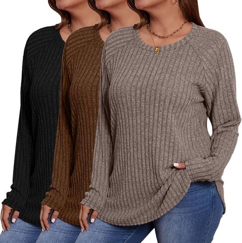 Ficerd 3 Pack بالإضافة إلى قمم سترة الحجم للنساء ، سبيكة طويلة الأكمام المنحنية المنحنية تنقسم القمصان in Kuwait