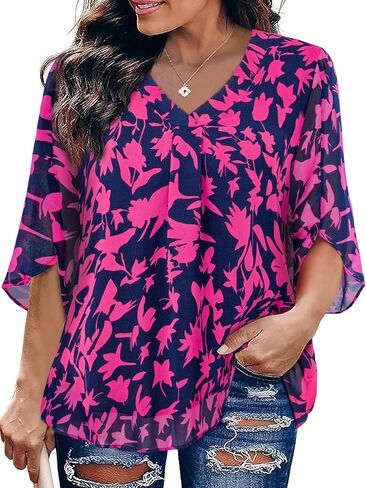 Siddhe Womens Plus Tops 3/4 Cleves Chiffon Blouses Dary Casual Fall V Deck Vitray Fit Double Layers (XL-5XL) in Kuwait