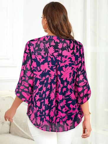 Siddhe Womens Plus Tops 3/4 Cleves Chiffon Blouses Dary Casual Fall V Deck Vitray Fit Double Layers (XL-5XL) in Kuwait