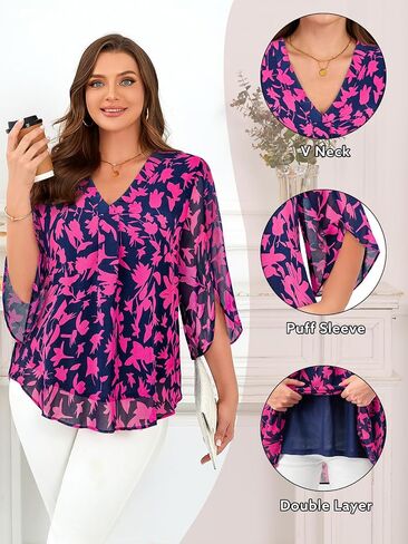 Siddhe Womens Plus Tops 3/4 Cleves Chiffon Blouses Dary Casual Fall V Deck Vitray Fit Double Layers (XL-5XL) in Kuwait