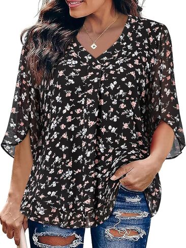 Siddhe Womens Plus Tops 3/4 Cleves Chiffon Blouses Dary Casual Fall V Deck Vitray Fit Double Layers (XL-5XL) in Kuwait