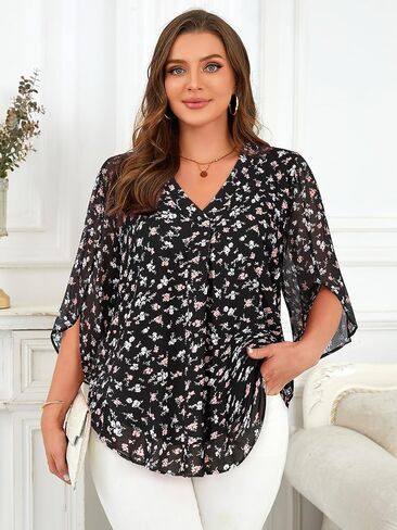 Siddhe Womens Plus Tops 3/4 Cleves Chiffon Blouses Dary Casual Fall V Deck Vitray Fit Double Layers (XL-5XL) in Kuwait
