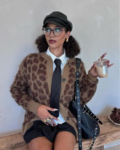 ألفريك عدن الفهد ، سترات كارديجان للنساء الفهد كبير الحجم y2k crewneck زر أسفل الأكمام الطويلة كارديجان in Kuwait