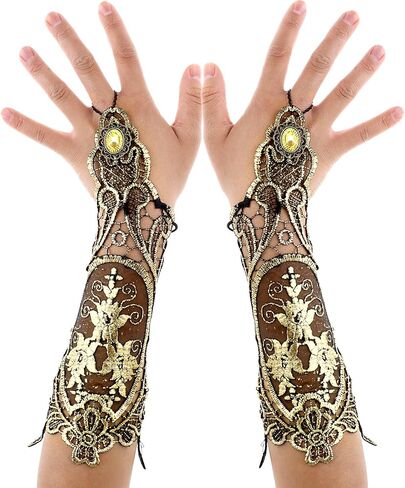 Lusofie Steampunk Gloves Bronzing Gold Fingerless Gloves Women For Steampunk Accessories Floral Lace Renaissance Costume Steam Punk Accessories Gothic Gold Glove Women For Halloween in Saudi Arabia