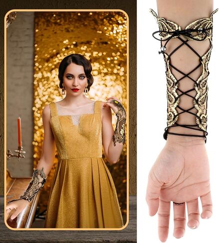 Lusofie Steampunk Gloves Bronzing Gold Fingerless Gloves Women For Steampunk Accessories Floral Lace Renaissance Costume Steam Punk Accessories Gothic Gold Glove Women For Halloween in Saudi Arabia