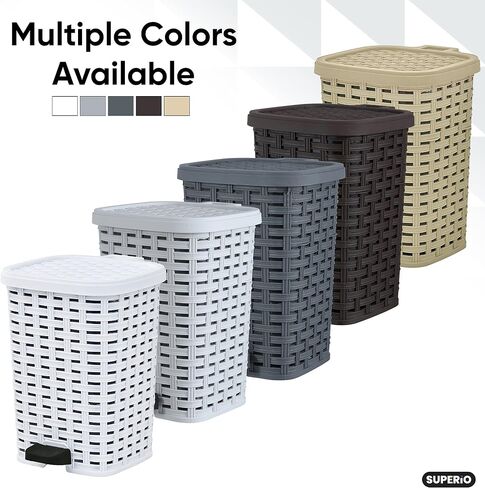 Superio Mini Trash Can with Foot Pedal Small Outdoor Garbage Can with Lid, 3 Gallon Plastic Waste Basket for Bathroom, Bedroom, Kitchen, Office, Patio (Wicker White Smoke 12 QT.) (Smoke) in Saudi Arabia