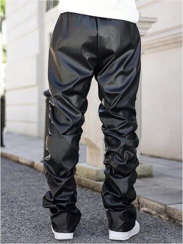 SHENHE Men's PU Leather Stacked Pants Straight Leg Ruched Hip Hop Streetwear Pants Trousers in Saudi Arabia