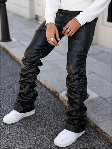 SHENHE Men's PU Leather Stacked Pants Straight Leg Ruched Hip Hop Streetwear Pants Trousers in Saudi Arabia