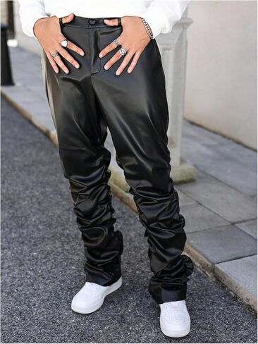 SHENHE Men's PU Leather Stacked Pants Straight Leg Ruched Hip Hop Streetwear Pants Trousers in Saudi Arabia