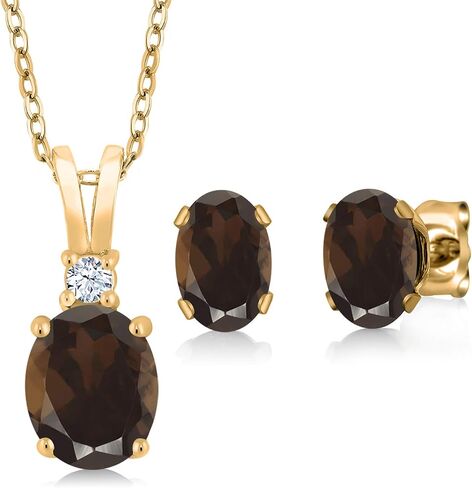GEM Stone King 18k صفراء الذهب المطلي بالفضة البني الدخان الدخان Quartz أقراط مجموعة للنساء | 2.75 CTTW | الأحجار الكريمة المولد | بيضاوي 8x6mm و 7x5mm | بسلسلة 18 بوصة in Saudi Arabia