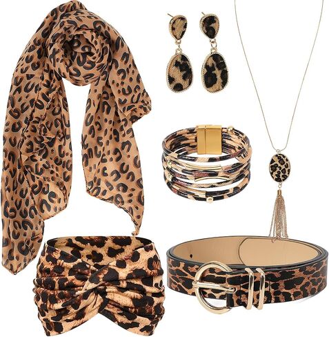 7 PCS Accesah Print Accessories و Loopard Earrings و Accf ، حزام قابل للتعديل ، عصابة رأس الحيوانات ، هدايا مجوهرات Boho Leopard For Women in Saudi Arabia