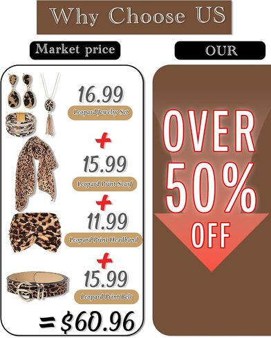 7 PCS Accesah Print Accessories و Loopard Earrings و Accf ، حزام قابل للتعديل ، عصابة رأس الحيوانات ، هدايا مجوهرات Boho Leopard For Women in Saudi Arabia