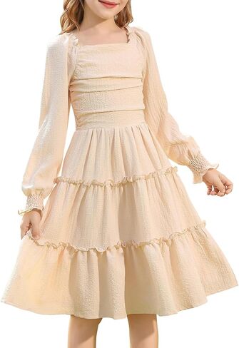 Hoziy Girls Long Sleeve Dress Ruched Smocked Tiered Tiled A-Line Line Casual Boho Teen Dresses مع حجم الجيب من 6 إلى 16 عامًا in Kuwait