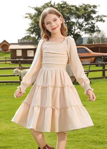 Hoziy Girls Long Sleeve Dress Ruched Smocked Tiered Tiled A-Line Line Casual Boho Teen Dresses مع حجم الجيب من 6 إلى 16 عامًا in Kuwait