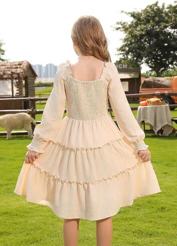 Hoziy Girls Long Sleeve Dress Ruched Smocked Tiered Tiled A-Line Line Casual Boho Teen Dresses مع حجم الجيب من 6 إلى 16 عامًا in Kuwait