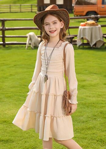 Hoziy Girls Long Sleeve Dress Ruched Smocked Tiered Tiled A-Line Line Casual Boho Teen Dresses مع حجم الجيب من 6 إلى 16 عامًا in Kuwait
