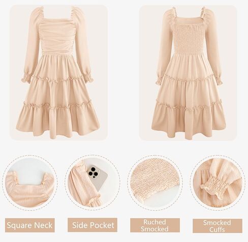 Hoziy Girls Long Sleeve Dress Ruched Smocked Tiered Tiled A-Line Line Casual Boho Teen Dresses مع حجم الجيب من 6 إلى 16 عامًا in Kuwait