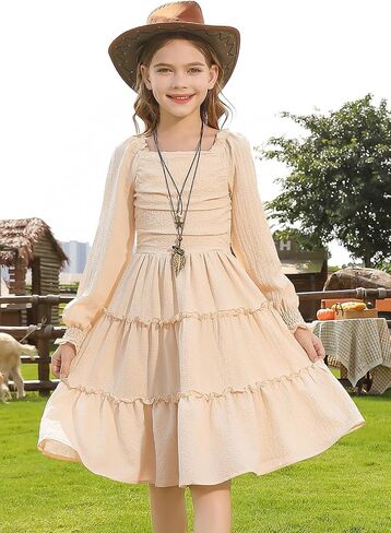 Hoziy Girls Long Sleeve Dress Ruched Smocked Tiered Tiled A-Line Line Casual Boho Teen Dresses مع حجم الجيب من 6 إلى 16 عامًا in Kuwait