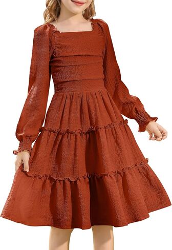 Hoziy Girls Long Sleeve Dress Ruched Smocked Tiered Tiled A-Line Line Casual Boho Teen Dresses مع حجم الجيب من 6 إلى 16 عامًا in Kuwait