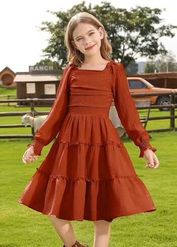 Hoziy Girls Long Sleeve Dress Ruched Smocked Tiered Tiled A-Line Line Casual Boho Teen Dresses مع حجم الجيب من 6 إلى 16 عامًا in Kuwait