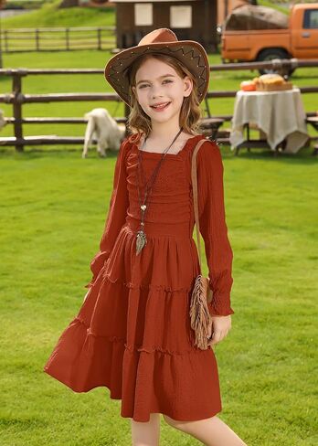 Hoziy Girls Long Sleeve Dress Ruched Smocked Tiered Tiled A-Line Line Casual Boho Teen Dresses مع حجم الجيب من 6 إلى 16 عامًا in Kuwait