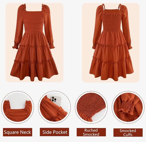Hoziy Girls Long Sleeve Dress Ruched Smocked Tiered Tiled A-Line Line Casual Boho Teen Dresses مع حجم الجيب من 6 إلى 16 عامًا in Kuwait