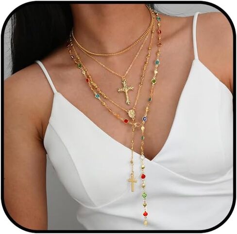 Gold Rosary Necklace for Women Layered Long Cross Lariat Necklace Colorful Rhinestone Stackable Pendant Necklaces Trendy Boho Jewelry Accessories in Saudi Arabia