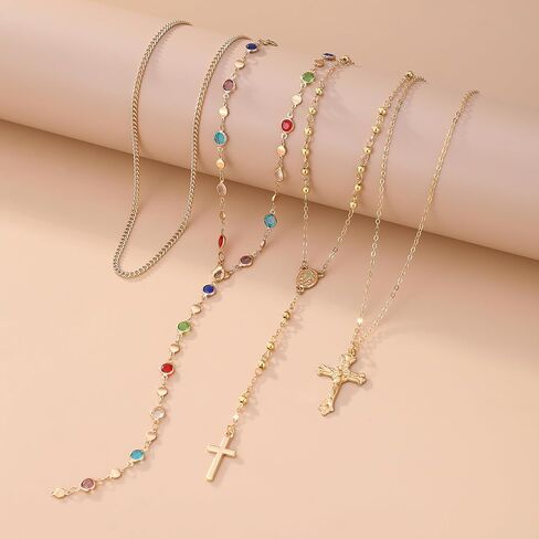 Gold Rosary Necklace for Women Layered Long Cross Lariat Necklace Colorful Rhinestone Stackable Pendant Necklaces Trendy Boho Jewelry Accessories in Saudi Arabia