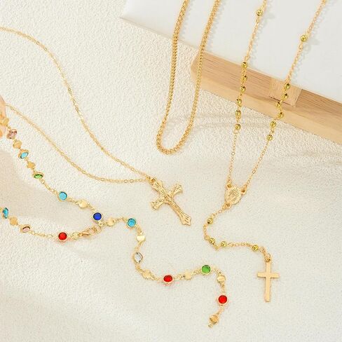 Gold Rosary Necklace for Women Layered Long Cross Lariat Necklace Colorful Rhinestone Stackable Pendant Necklaces Trendy Boho Jewelry Accessories in Saudi Arabia