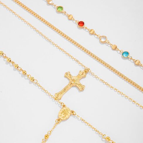 Gold Rosary Necklace for Women Layered Long Cross Lariat Necklace Colorful Rhinestone Stackable Pendant Necklaces Trendy Boho Jewelry Accessories in Saudi Arabia