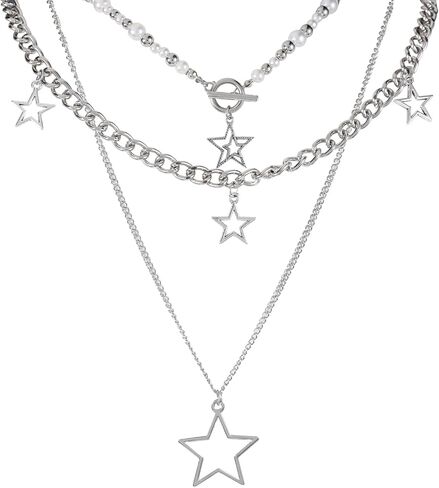 Star Y2K Layered Necklace, Sliver Grunge Necklace Cute Aesthetic Stack Toggle Necklaces for Women Vintage Emo Jewelry in Saudi Arabia