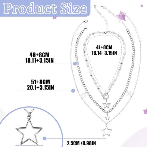 Star Y2K Layered Necklace, Sliver Grunge Necklace Cute Aesthetic Stack Toggle Necklaces for Women Vintage Emo Jewelry in Saudi Arabia