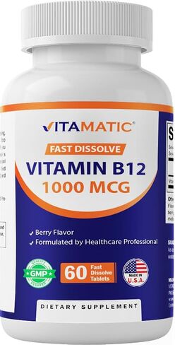 Vitamatic Vitamin B12 1000 mcg Fast Dissolve – 60 Tablets – Natural Berry Flavor – Supports Energy Metabolism & Nervous System Health in Saudi Arabia
