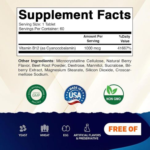 Vitamatic Vitamin B12 1000 mcg Fast Dissolve – 60 Tablets – Natural Berry Flavor – Supports Energy Metabolism & Nervous System Health in Saudi Arabia