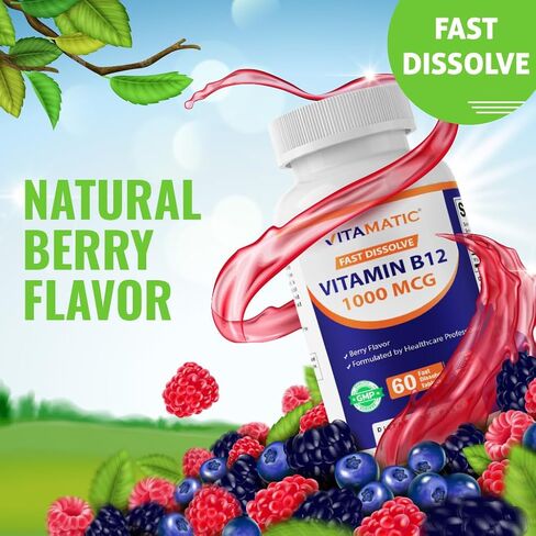 Vitamatic Vitamin B12 1000 mcg Fast Dissolve – 60 Tablets – Natural Berry Flavor – Supports Energy Metabolism & Nervous System Health in Saudi Arabia