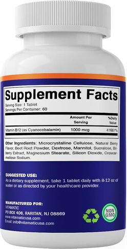 Vitamatic Vitamin B12 1000 mcg Fast Dissolve – 60 Tablets – Natural Berry Flavor – Supports Energy Metabolism & Nervous System Health in Saudi Arabia