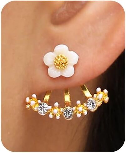 البوهيمي زهرة سترة أقراط أنيقة زهرة الأقحوان حجر الراين أقراط بسيطة أنيقة كريستال الجبهة الخلفية أقراط مكعب الزركون الأذن ترصيع المجوهرات للنساء الفتيات in Kuwait