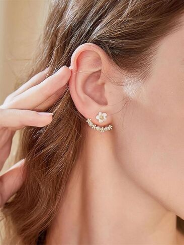 البوهيمي زهرة سترة أقراط أنيقة زهرة الأقحوان حجر الراين أقراط بسيطة أنيقة كريستال الجبهة الخلفية أقراط مكعب الزركون الأذن ترصيع المجوهرات للنساء الفتيات in Kuwait