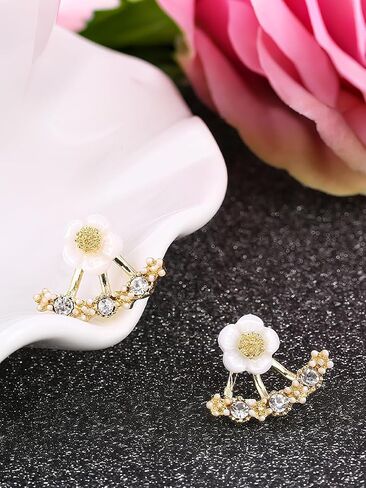 البوهيمي زهرة سترة أقراط أنيقة زهرة الأقحوان حجر الراين أقراط بسيطة أنيقة كريستال الجبهة الخلفية أقراط مكعب الزركون الأذن ترصيع المجوهرات للنساء الفتيات in Kuwait