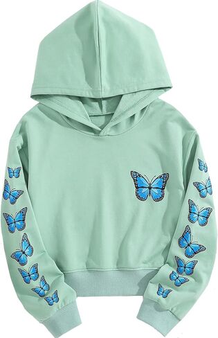 Shenhe Girl's Clet Butterfly Print Crop Hoodies Long Long Pullover Sweatshirt Top in Saudi Arabia