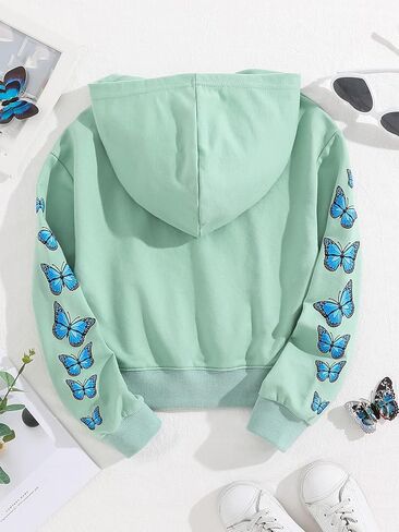 Shenhe Girl's Clet Butterfly Print Crop Hoodies Long Long Pullover Sweatshirt Top in Saudi Arabia