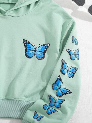 Shenhe Girl's Clet Butterfly Print Crop Hoodies Long Long Pullover Sweatshirt Top in Saudi Arabia
