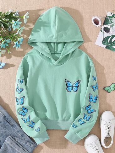 Shenhe Girl's Clet Butterfly Print Crop Hoodies Long Long Pullover Sweatshirt Top in Saudi Arabia