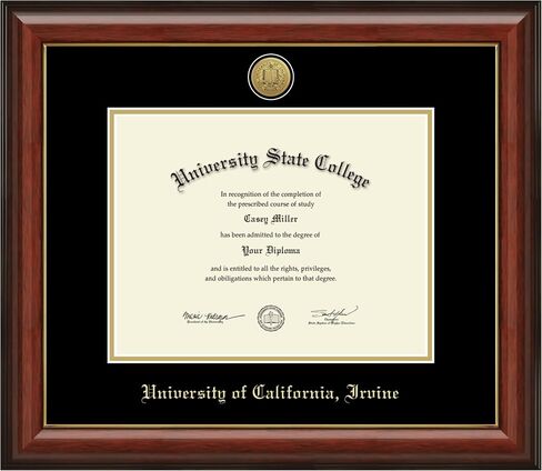 University of California Irvine 11" w x 8.5" h Diploma Frame - Fits a bachelor's, master's and phd - Gold Engraved Medallion Diploma Frame - Cherry Moulding with Black and Gold Matting in Saudi Arabia