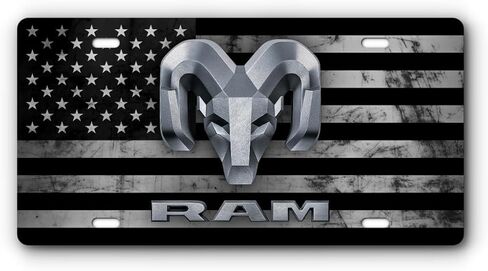 Front Vanity Plate for Ram Vehicles - Mopar Officially Licensed - Brushed Stainless Steel with Mounting Holes (Distressed Stainless Flag) in Saudi Arabia