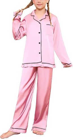 QPANCY Kids Satin Pajamas Sets Silk Pjs for Girls Ruffle Long Sleeve Button Down Sleepwear 2 Piece Loungewear Clothes Set in Saudi Arabia