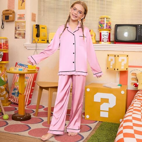 QPANCY Kids Satin Pajamas Sets Silk Pjs for Girls Ruffle Long Sleeve Button Down Sleepwear 2 Piece Loungewear Clothes Set in Saudi Arabia