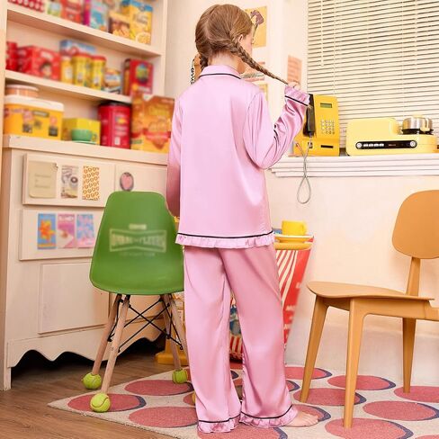 QPANCY Kids Satin Pajamas Sets Silk Pjs for Girls Ruffle Long Sleeve Button Down Sleepwear 2 Piece Loungewear Clothes Set in Saudi Arabia