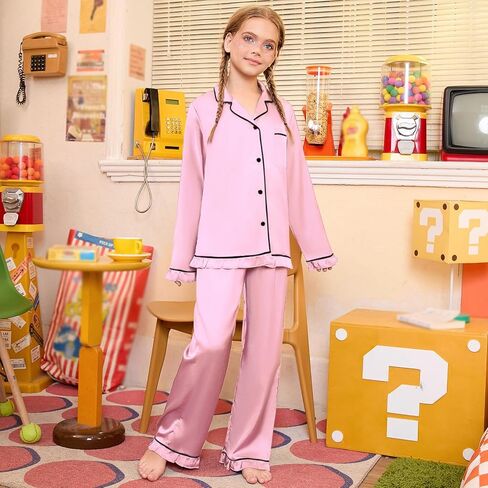 QPANCY Kids Satin Pajamas Sets Silk Pjs for Girls Ruffle Long Sleeve Button Down Sleepwear 2 Piece Loungewear Clothes Set in Saudi Arabia